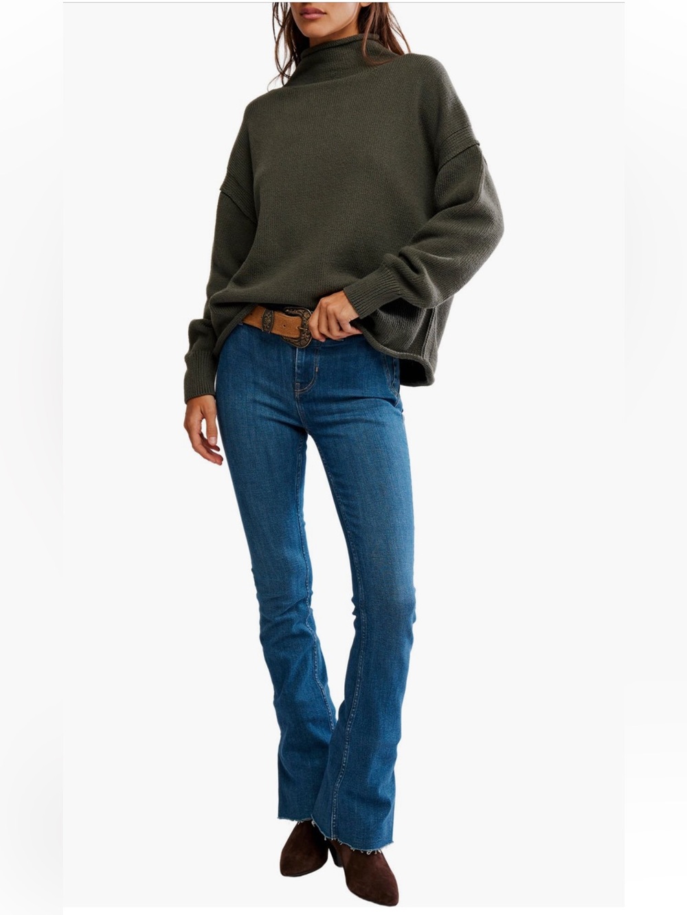 NWT Free People Torres Turtleneck Sweatshirt in Army - Picture 5 of 11